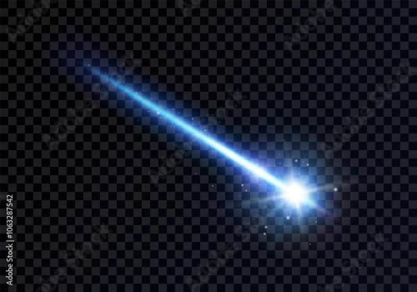 Obraz Light effect with a burning comet highlight, laser beam, meteor, shooting star. A realistic blue design element. An isolated neon ray on a dark background. Perfect for space designs. Vector.