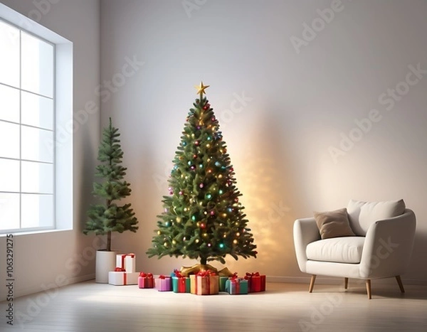 Fototapeta Christmas tree in a cozy room with Sofa, gift and light . Empty space for text. Christmas card, new year card, happy new year and Merry Christmas 