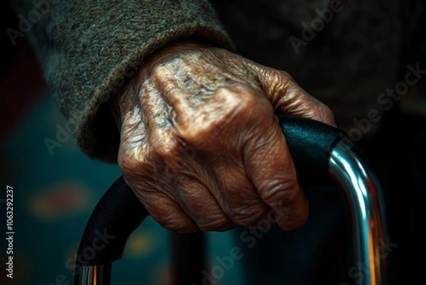 Fototapeta A close-up of an elderly hand gripping a cane. The hand shows signs of age and wisdom. This image conveys strength and resilience. Perfect for healthcare themes. Generative AI.