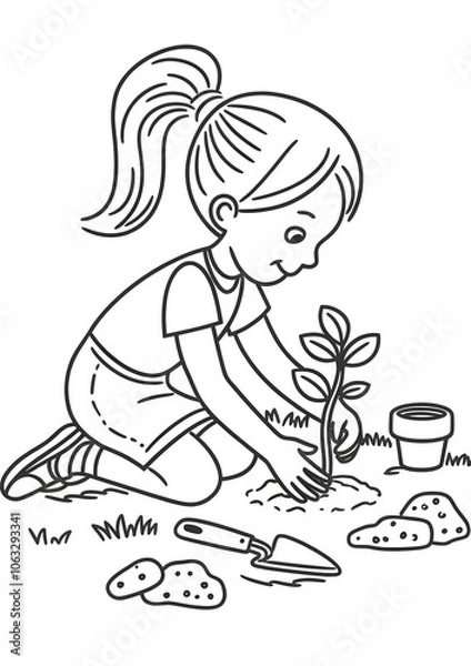 Fototapeta drawing of a young girl planting a small sapling. 