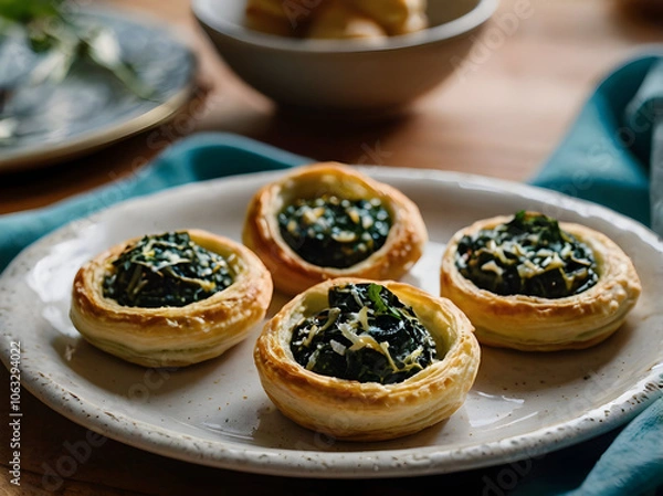 Fototapeta Mini puff pastry canapés filled with creamy spinach and ricotta, resting on a vibrant dish for a cozy evening gathering.