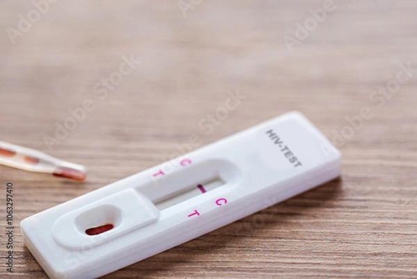 Fototapeta Close up of HIV self-testing kit with Negative test on wooden table.