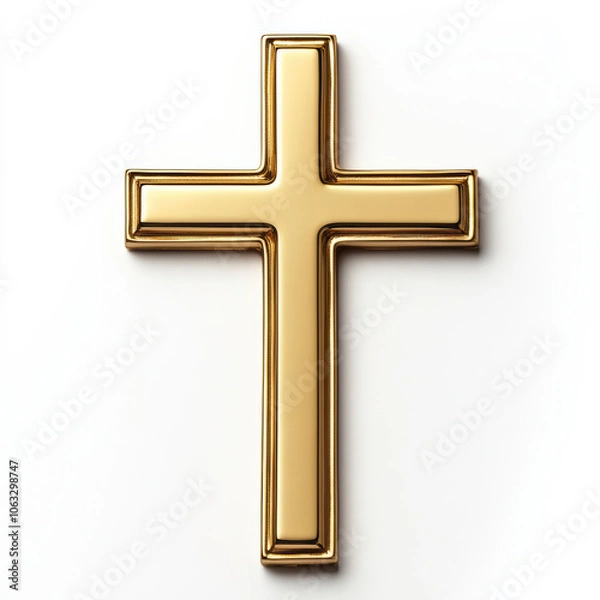 Obraz Shiny gold cross on white background, religious symbol, close-up, simple elegance, spirituality, golden Christianity, faith, sacred, clean minimalist design, devotion