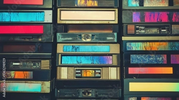Fototapeta There is a glitch defect noise and artifact effect on vintage VHS tapes.