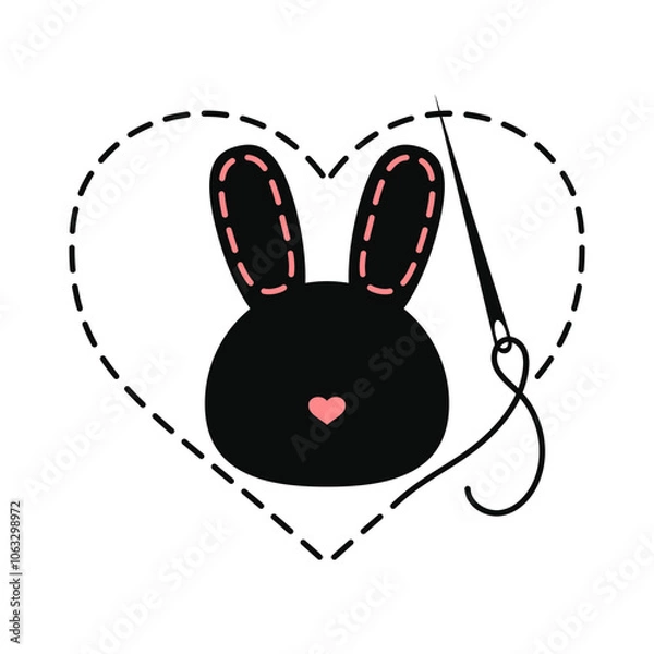 Fototapeta Silhouette of bunny head and heart with interrupted contour. Copy space animal vector illustration of handmade work with embroidery thread and sewing needle on white background.