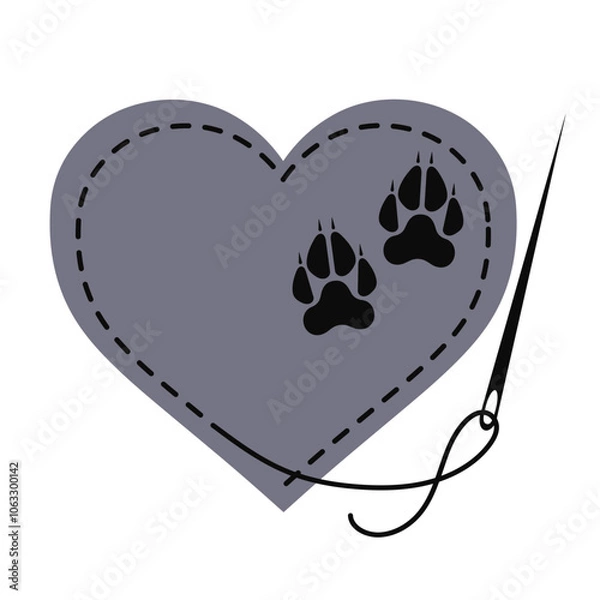Fototapeta Gray heart label with wolf paw print decorated with black thread stitch and sewing needle. Isolated vector illustration of handmade work and creative occupation