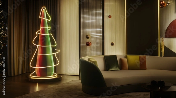 Fototapeta A modern living room featuring a colorful Christmas tree illuminated with lights, adjacent to a stylish curved sofa.