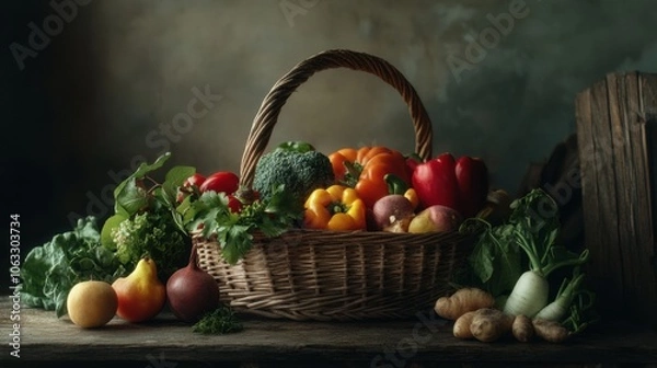Fototapeta A wicker basket brimming with vibrant fresh vegetables and fruits sits elegantly on a rustic wooden table, creating a warm kitchen ambiance. Generative AI