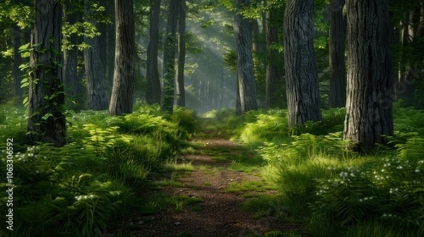 Fototapeta A serene forest path surrounded by tall trees and lush greenery, inviting exploration and tranquility.