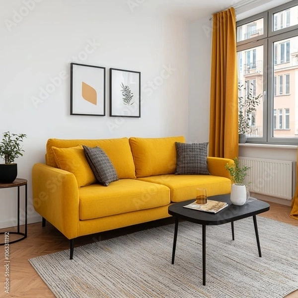 Fototapeta Cozy living room with a bright yellow sofa and modern decor.