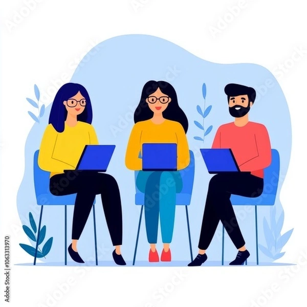 Fototapeta Three people working on laptops in a casual setting.