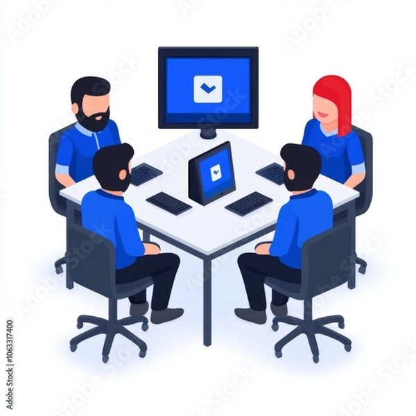 Fototapeta A group of four professionals in a meeting around a table with digital devices.