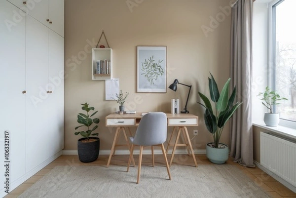 Fototapeta A small office with a desk at home, window next to it, home office concept