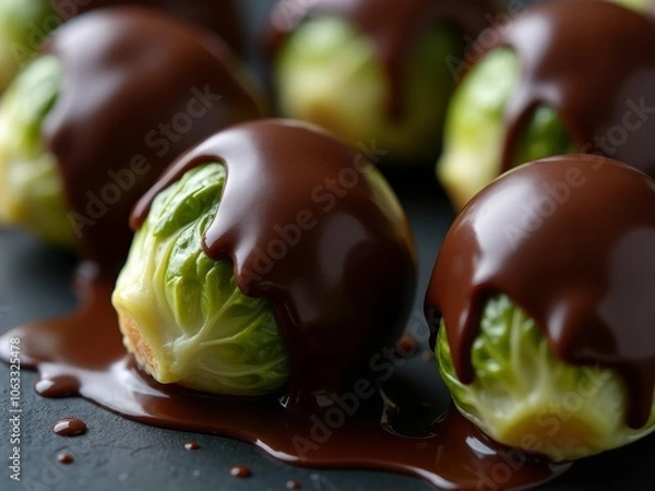 Fototapeta Close-Up of Brussels Sprouts Drenched in Smooth Melted Chocolate on a Dark Background