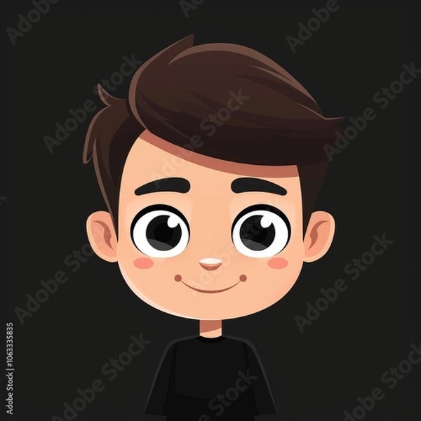 Fototapeta This cartoon avatar showcases a smiling young boy with big eyes and brown hair, designed in a minimalistic style on a dark backdrop. Generative AI