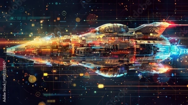 Fototapeta A sleek spaceship is depicted with colorful digital scan effects, illustrating advanced technology in a vibrant, abstract style. Generative AI