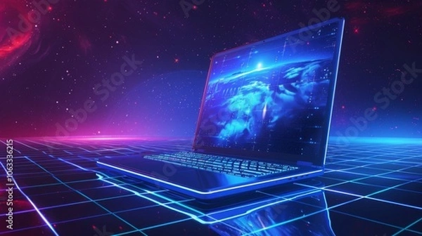 Fototapeta A futuristic laptop showcases vibrant digital art against a backdrop of a colorful cosmic landscape in a serene, high-tech setting. Generative AI