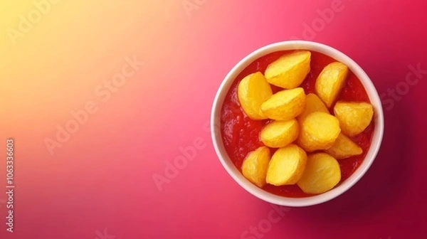 Obraz A bowl of patatas bravas, a classic Spanish tapas dish, featuring crispy fried potatoes in a spicy tomato sauce.