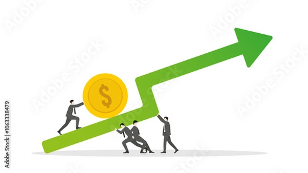 Fototapeta A businessman pushing a big coin upward on a green arrow graph rising with teamwork support. Concepts of business, financial growth, economic strategy, investment success, and wealth management