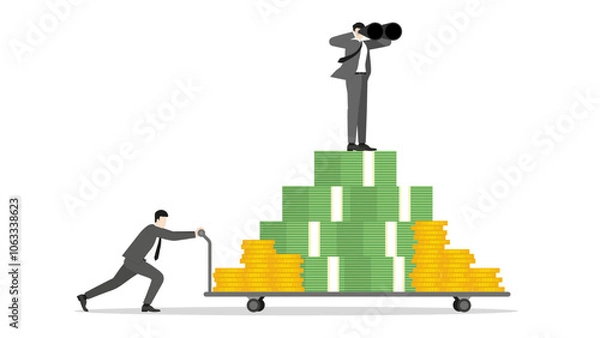 Fototapeta A determined businessman pushing a money trolley with boss uses binoculars on top. Financial growth, strategy, and success in investment. Economic ambition of wealth-focused goal for corporate growth