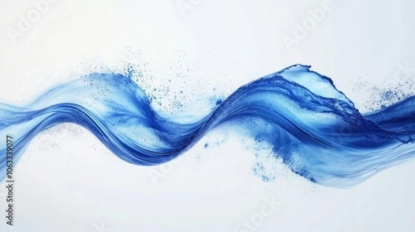 Fototapeta 3D render of an abstract blue watercolor wave, highlighting curly flowing liquid and a navy paint splash, perfect for creating a cosmic sea background with ample copy space.