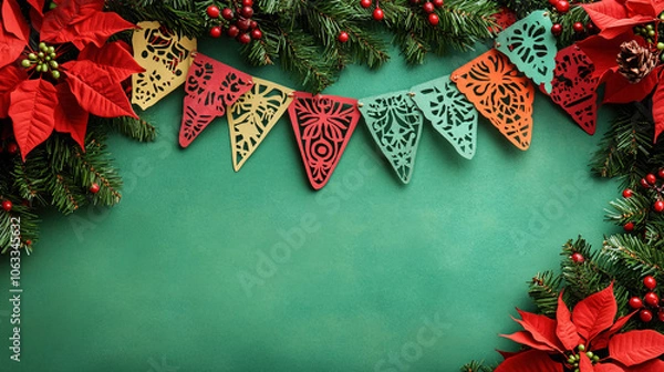 Obraz Bright papel picado banners with small Christmas symbols in festive colors, arranged on a muted sage background with tiny poinsettia flowers, blank space for text writing