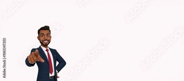 Fototapeta Isolated African American cartoon character Han with business-oriented hand gestures against a white backdrop