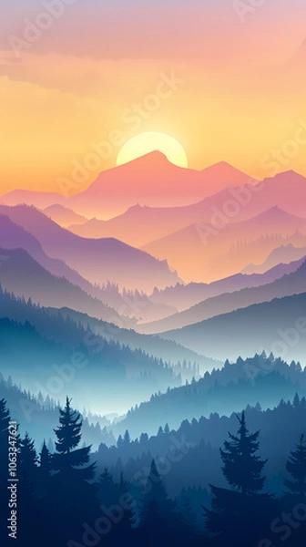 Fototapeta A stunning sunset over layered mountains with silhouetted trees, casting vibrant hues of orange, pink, and purple in the sky.