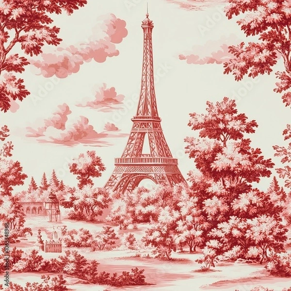 Fototapeta Red and white illustration of the Eiffel Tower amidst a scenic landscape.