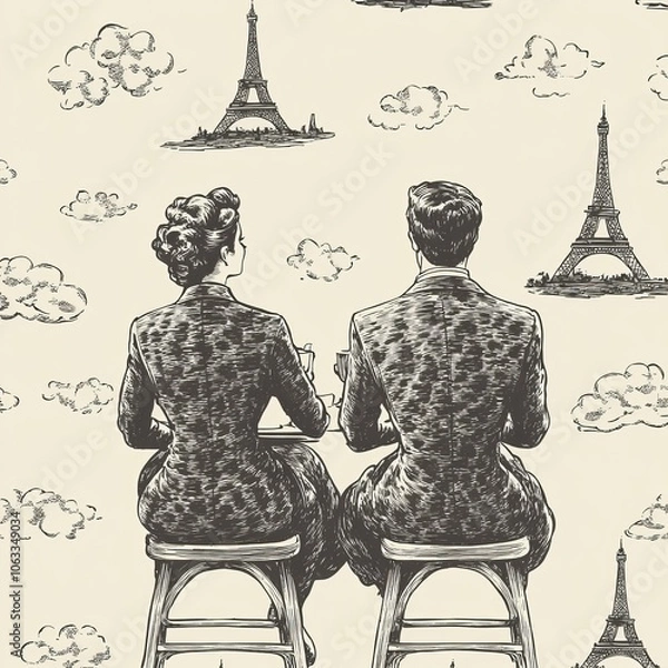 Fototapeta A couple seated on stools, gazing at clouds and Eiffel Tower illustrations.