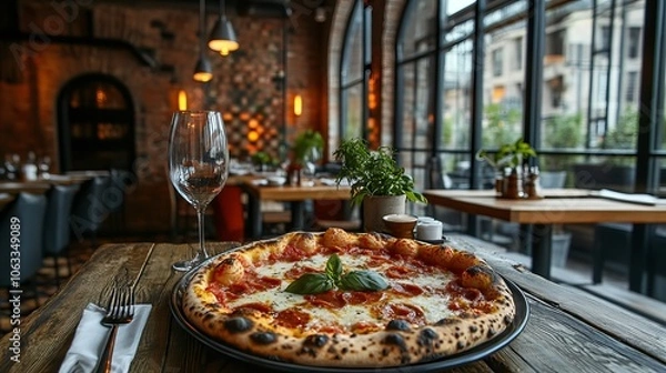 Fototapeta A close-up of a delicious pizza topped with basil, placed on a wooden table in a stylish Michelin-star restaurant