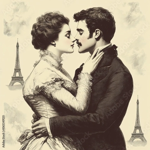 Fototapeta Romantic vintage illustration of a couple with the Eiffel Tower backdrop.