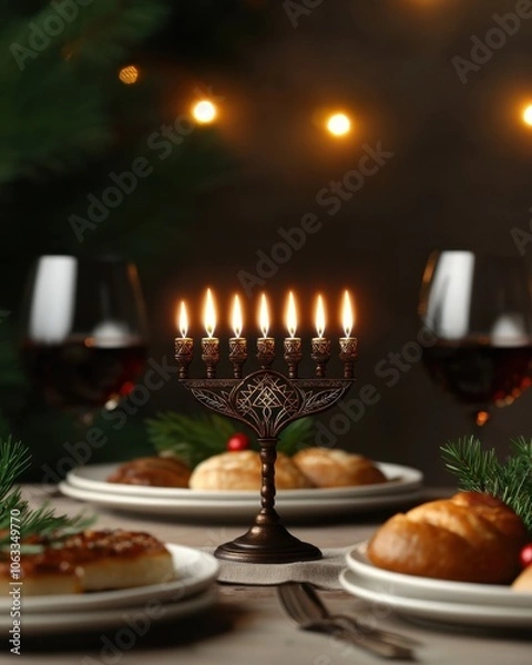 Obraz Holiday-themed Hanukkah table setting decorations concept. A festive table setting featuring a menorah with lit candles surrounded by delicious baked goods and wine evoking warmth and celebration