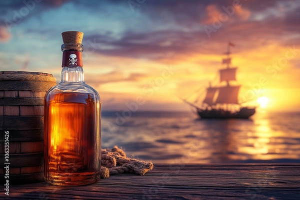 Fototapeta A bottle of old pirate rum on a table on ship floating in the sea. background..