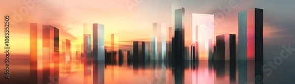 Fototapeta Vast dystopian cityscape, minimalist architecture silhouetted against a glowing sunset, innovative lighting casting ethereal shadows, captured in photorealistic detail
