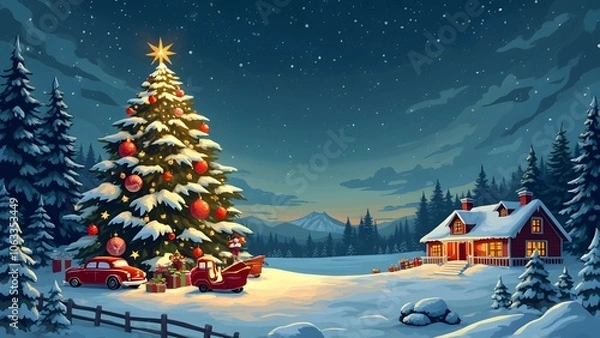 Fototapeta Christmas scene in snowy forest under starry sky background 