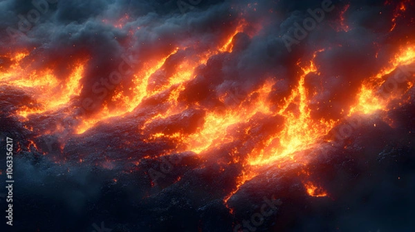 Fototapeta Dramatic scene of a powerful volcanic eruption with intense flames,scorching heat,and molten lava spewing forth from the earth's core,creating a chaotic and destructive natural disaster.