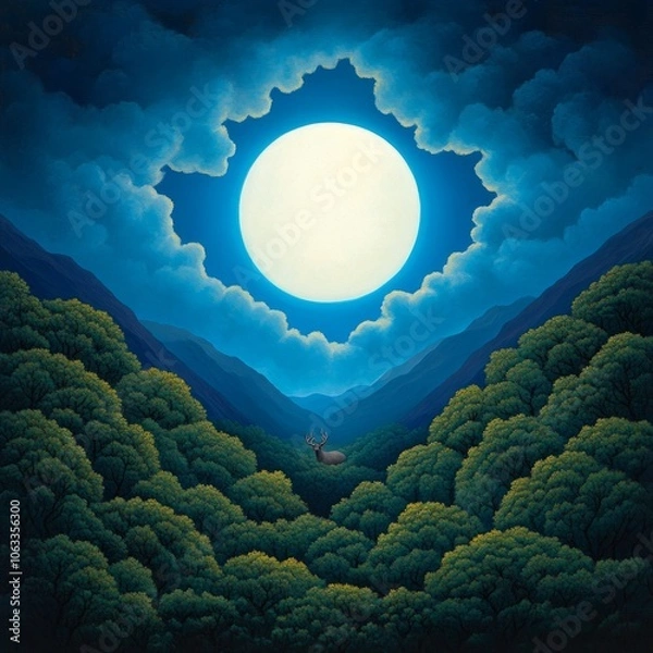 Fototapeta A serene landscape featuring a large moon over lush trees and a deer.