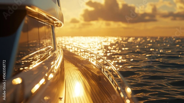 Fototapeta luxurious yacht deck at sunrise, bathed in golden sunlight reflecting on calm ocean waves, creating serene and tranquil atmosphere