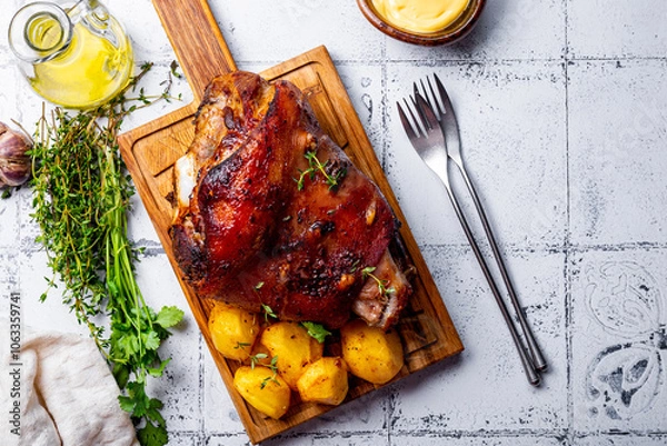 Obraz Baked pork knuckle with potatoes and cheese sauce on the cutting board top view