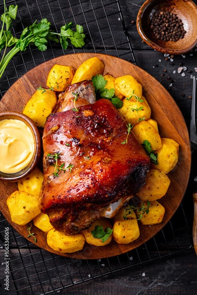 Obraz Baked pork knuckle with potatoes and cheese sauce on black wooden background vertical photo