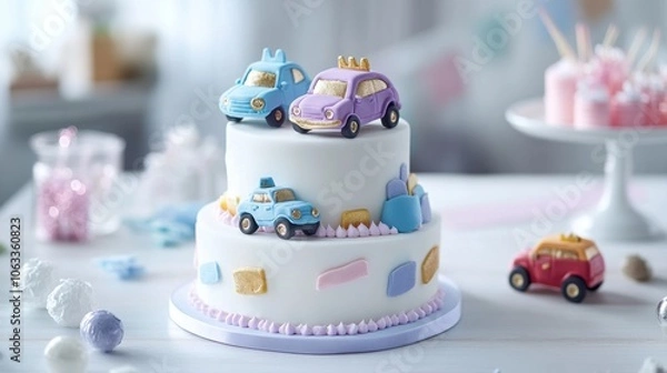 Obraz Colorful Car-Themed Birthday Cake with Playful Decorations