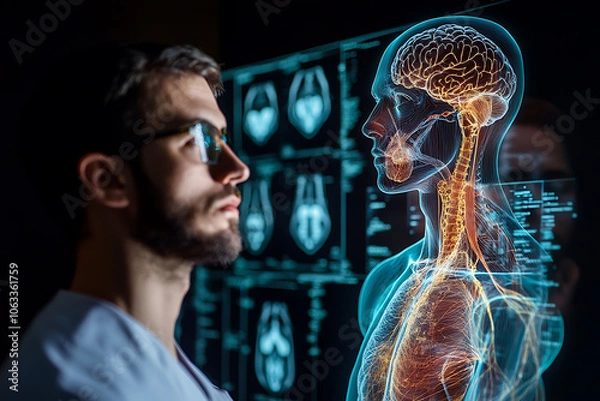 Fototapeta A glowing hologram of the entire human body, showcasing detailed anatomical structures with a futuristic, digital appearance.