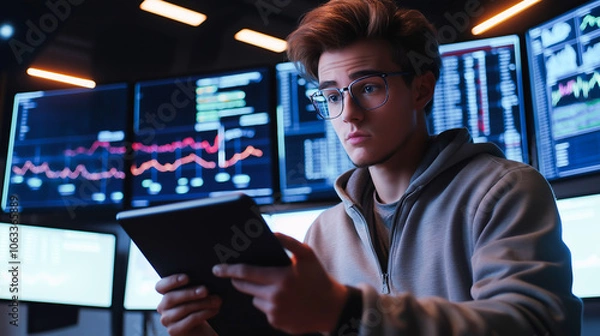 Fototapeta Analyst in Command Center with Data Monitors