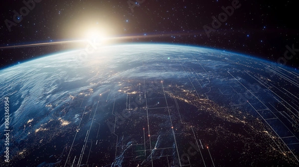 Fototapeta Futuristic Earth with Digital Grid and Space Sunrise