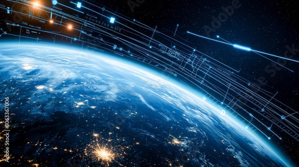 Fototapeta Futuristic Earth with Digital Grid and Space Sunrise