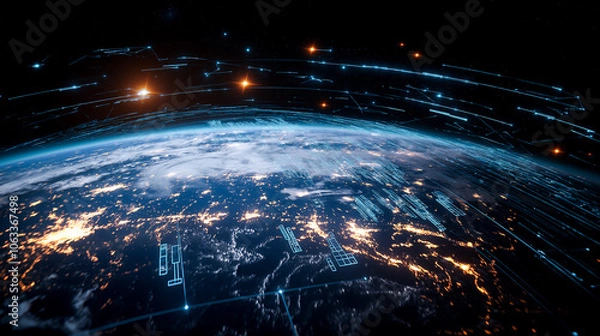 Fototapeta Futuristic Earth with Digital Grid and Space Sunrise