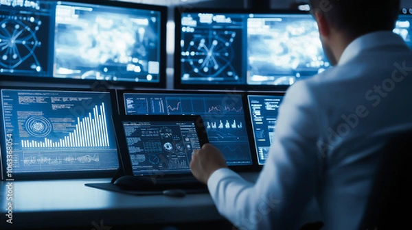 Fototapeta Analyst in Command Center with Data Monitors