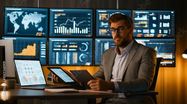 Fototapeta Analyst in Command Center with Data Monitors