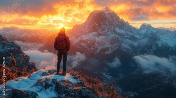 Obraz Hiker Silhouetted Against a Dramatic Sunset Over Snowy Mountains